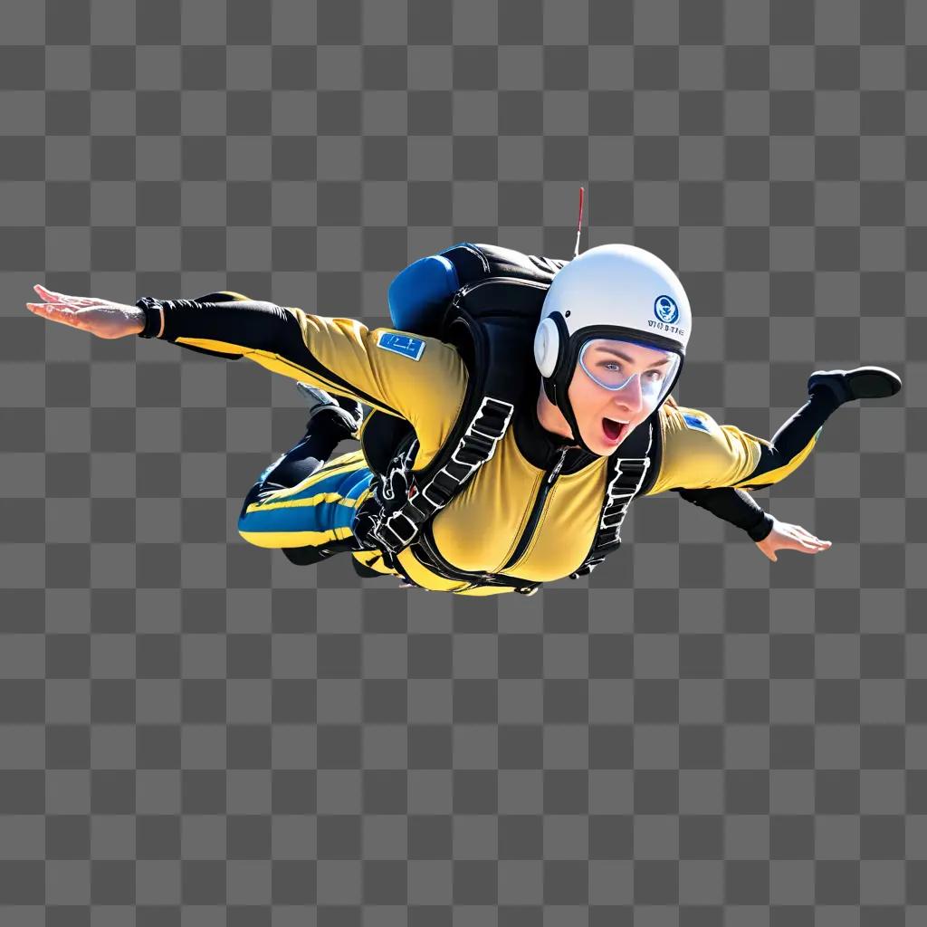 woman skydives with a blue and yellow outfit