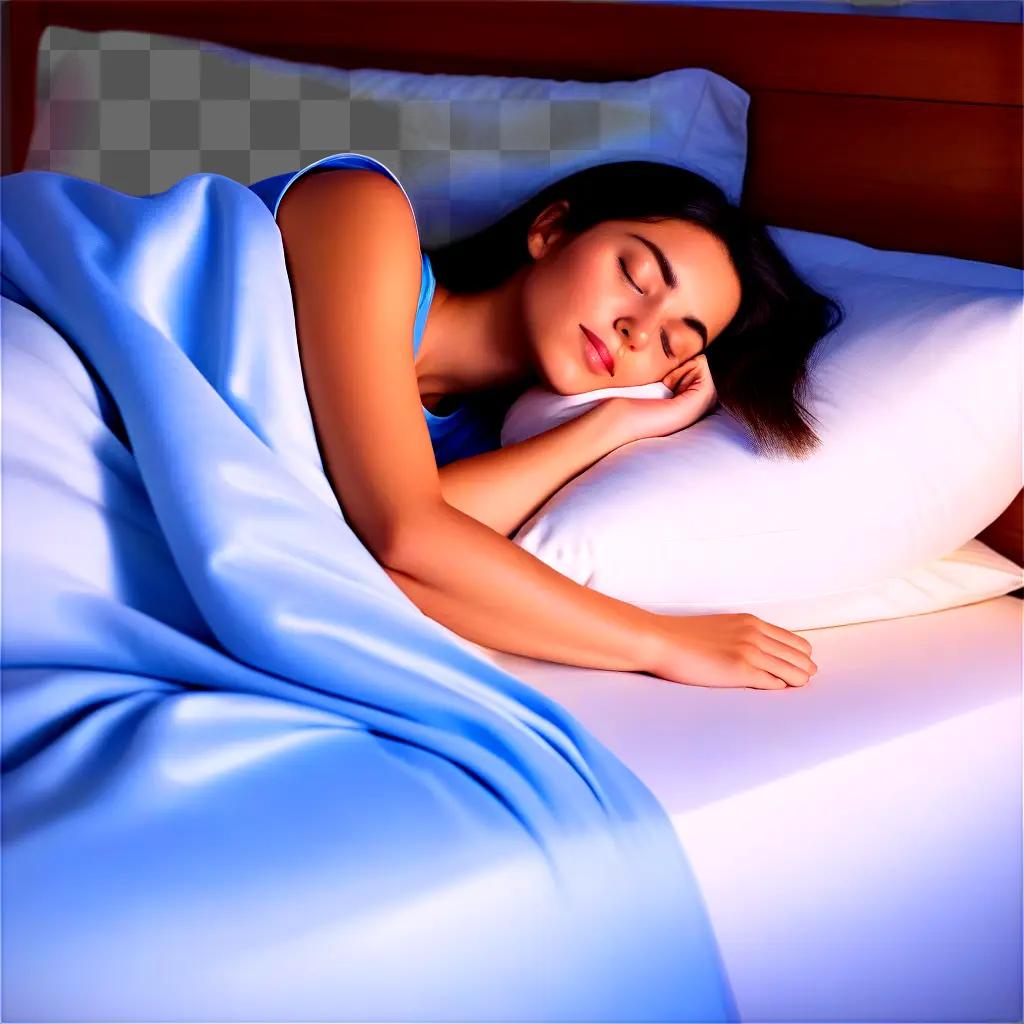 woman sleeping on a bed with a blue blanket