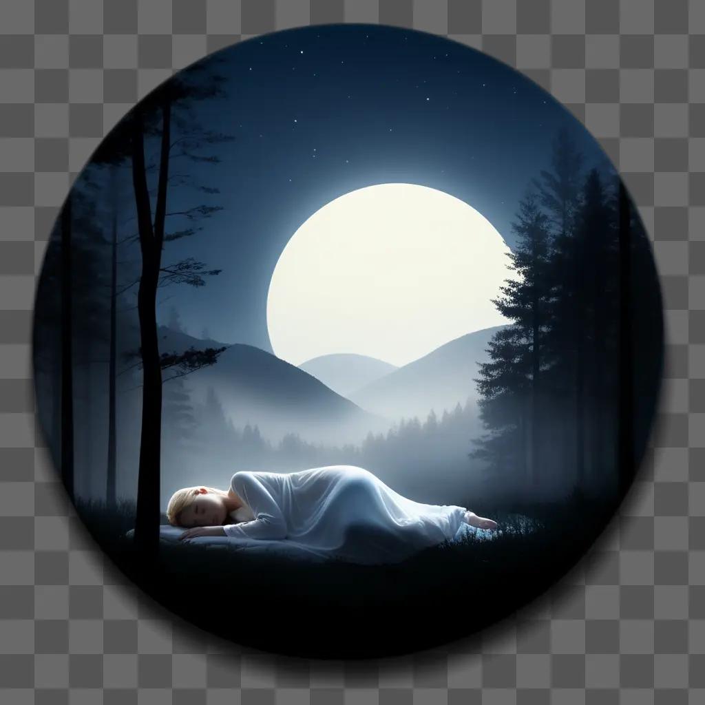 woman sleeps under a moonlit sky in a forest