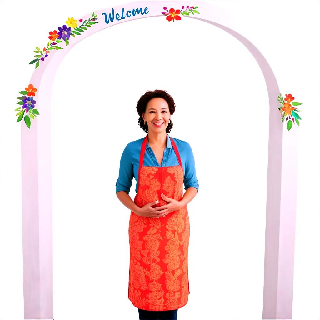 woman smiles under a pink arch welcoming guests