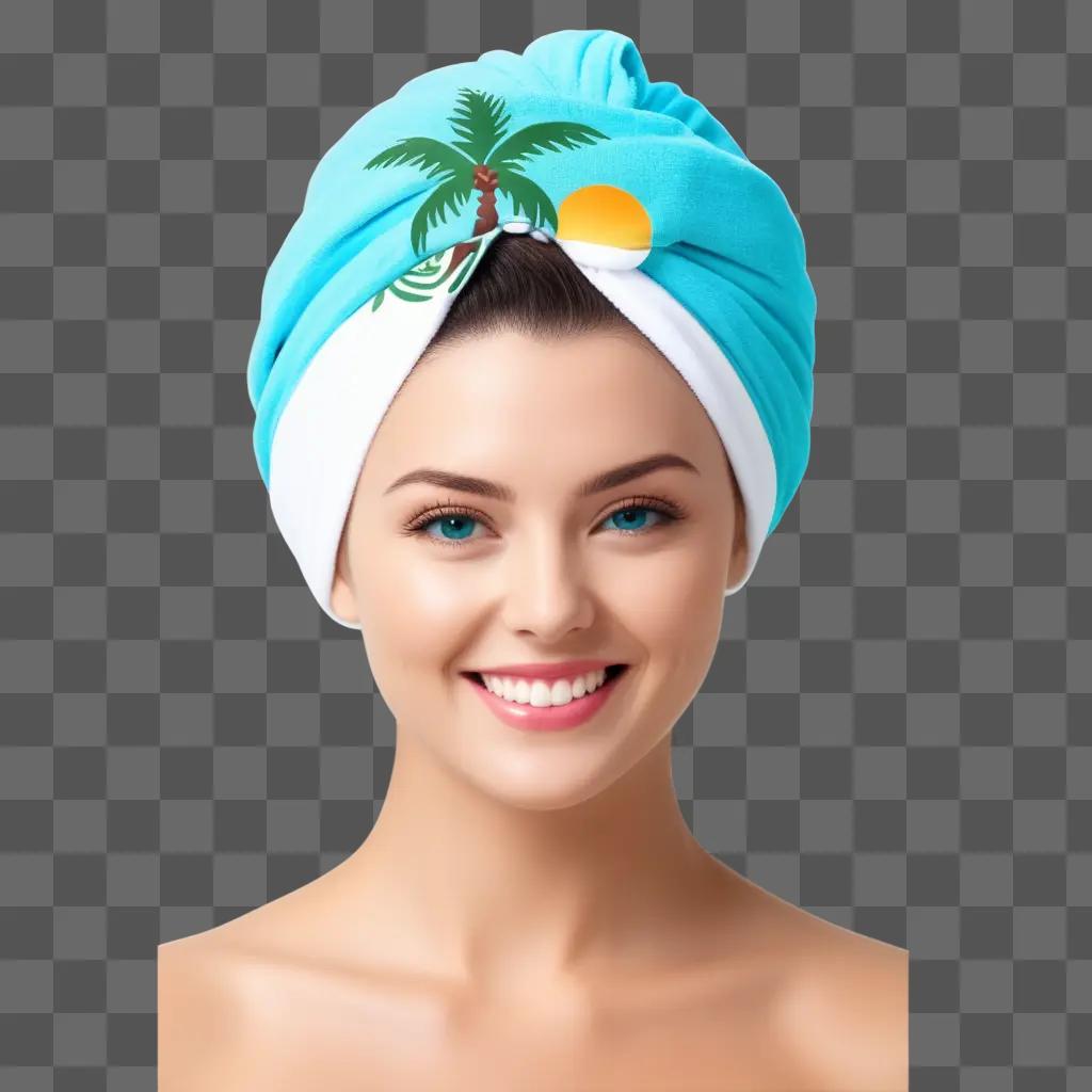 woman smiles while drying her head with a tropical towel