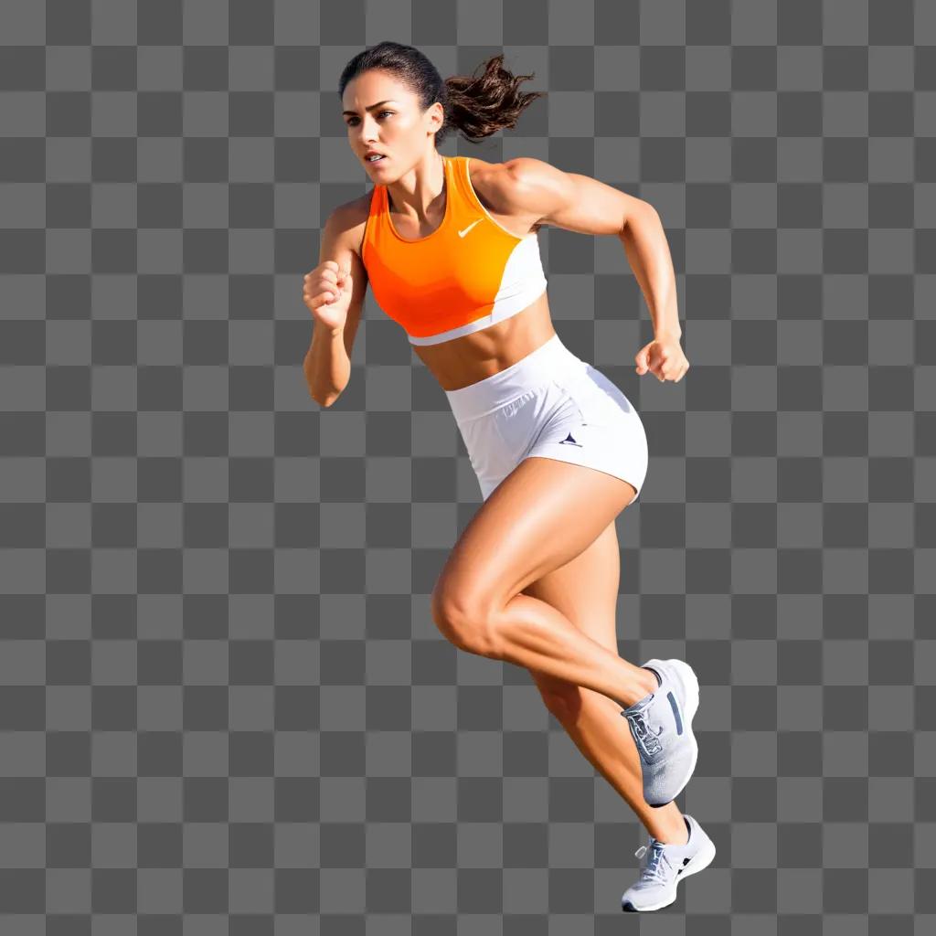 woman sprints on a beige background