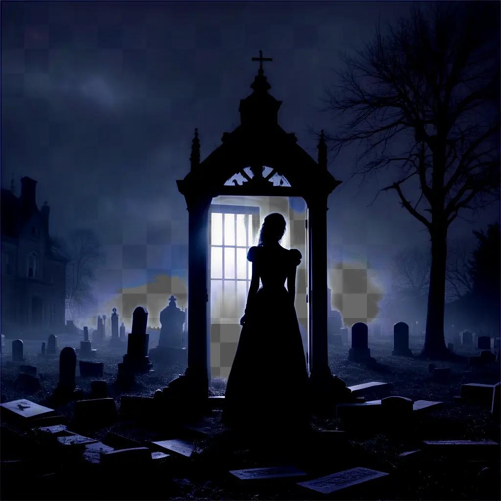 woman standing in a dark cemetery