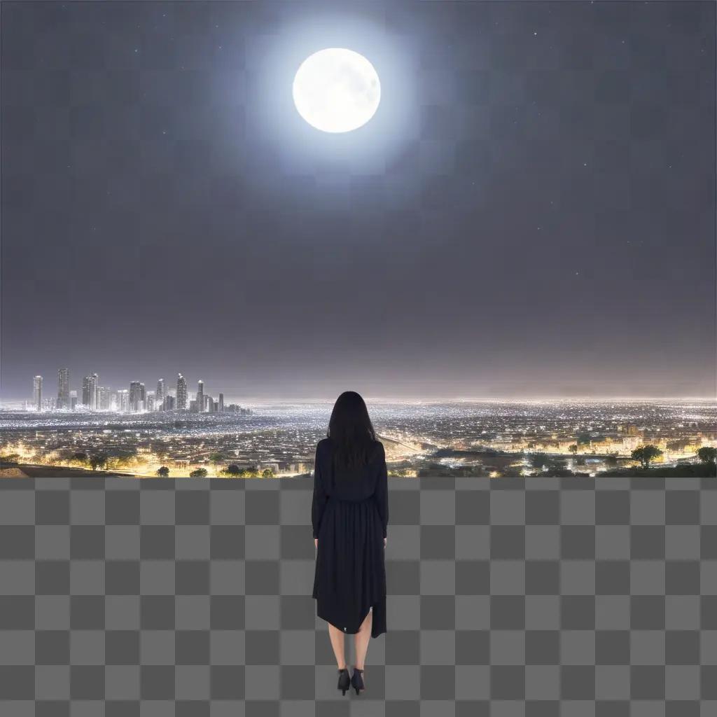 woman stands in a black background at night