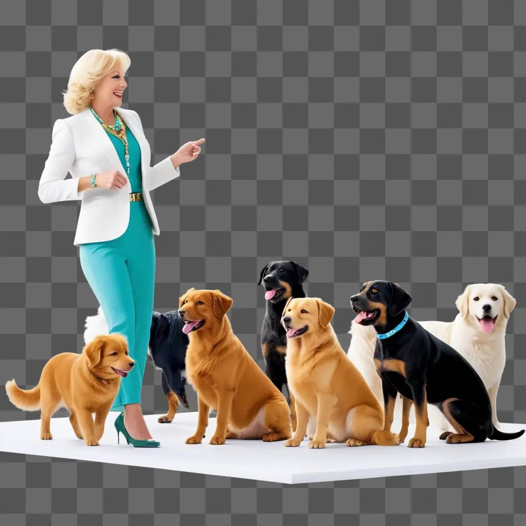 woman stands next to several dogs in a dog show