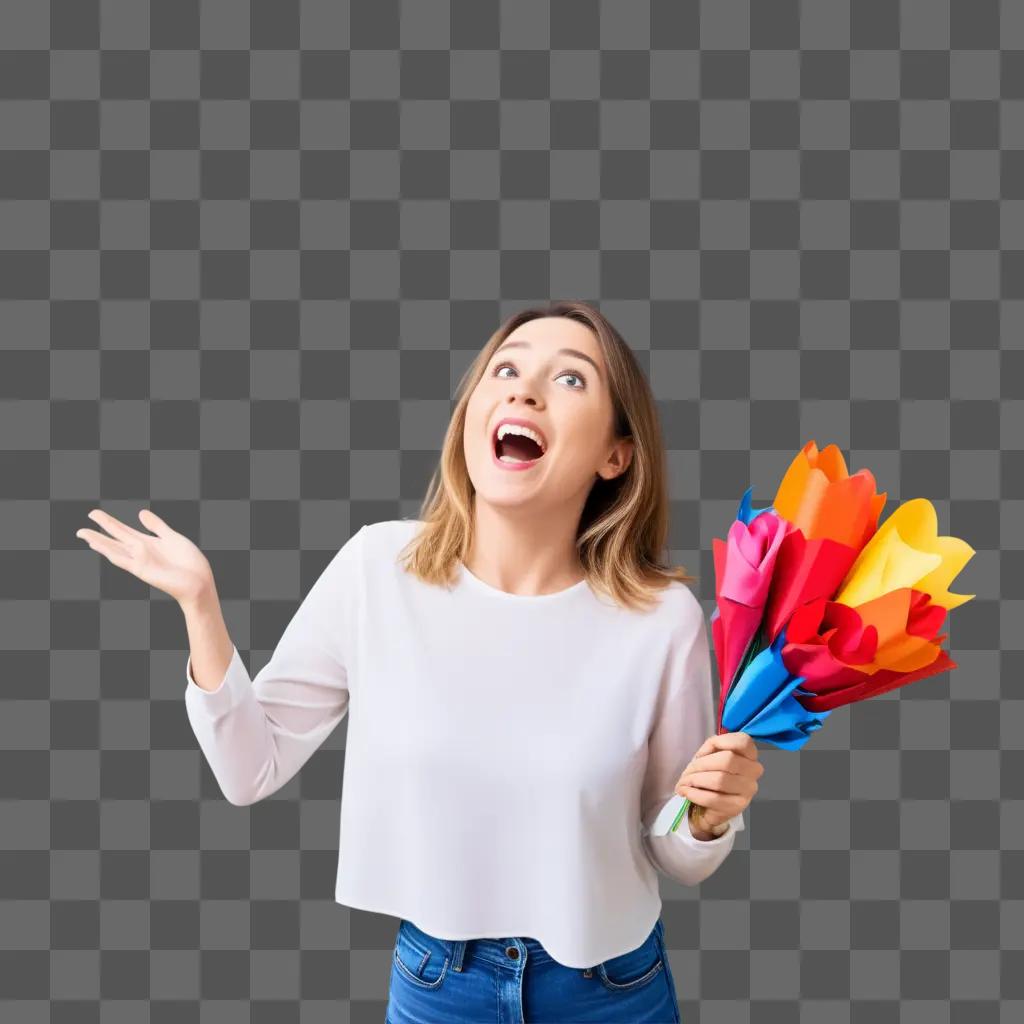 woman surprised with colorful flowers