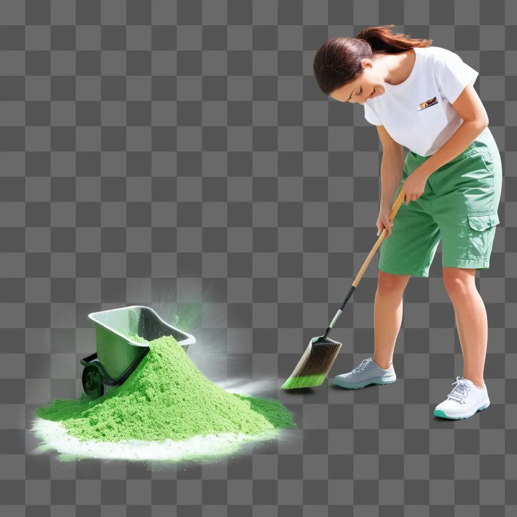 woman sweeps green powder with a broom