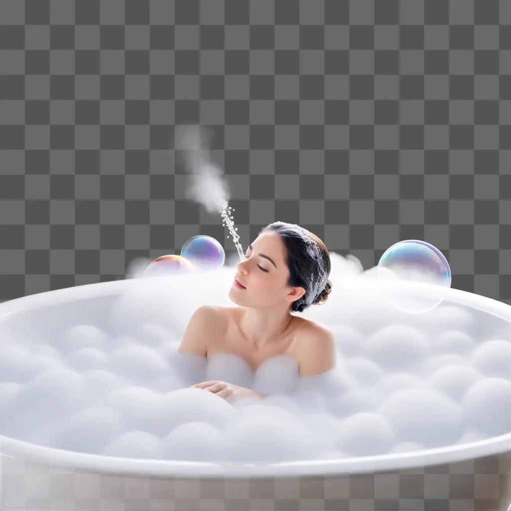 woman takes a bubble bath in a white tub