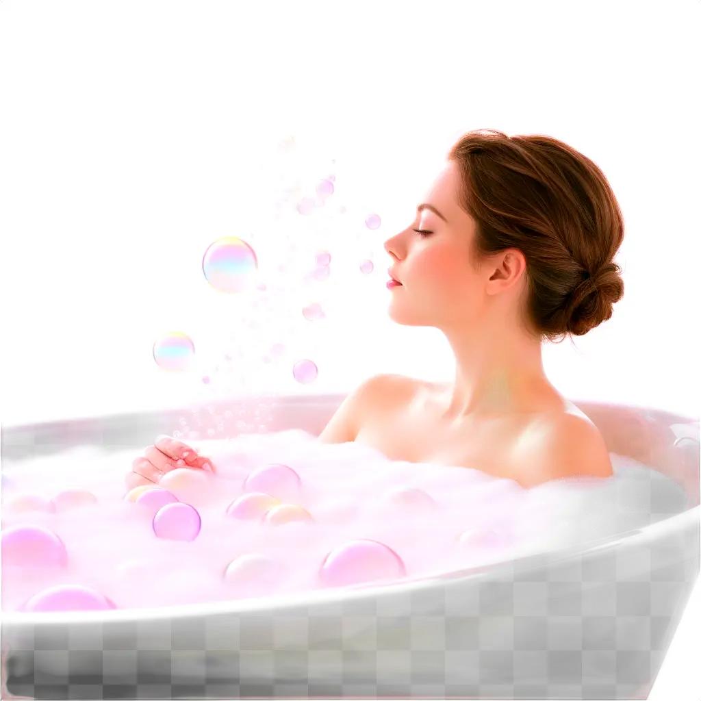 woman takes a bubble bath with a bath bomb