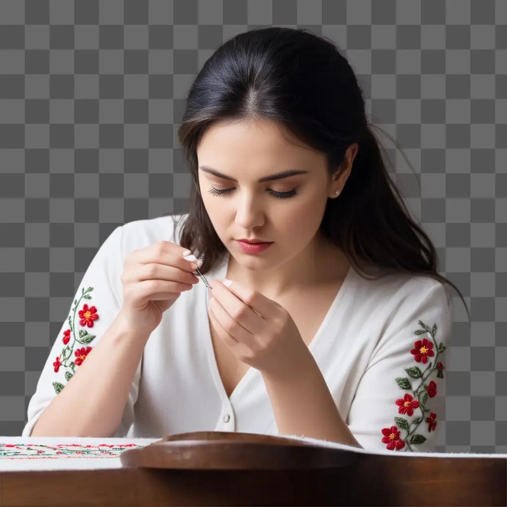 woman threading a needle on a table