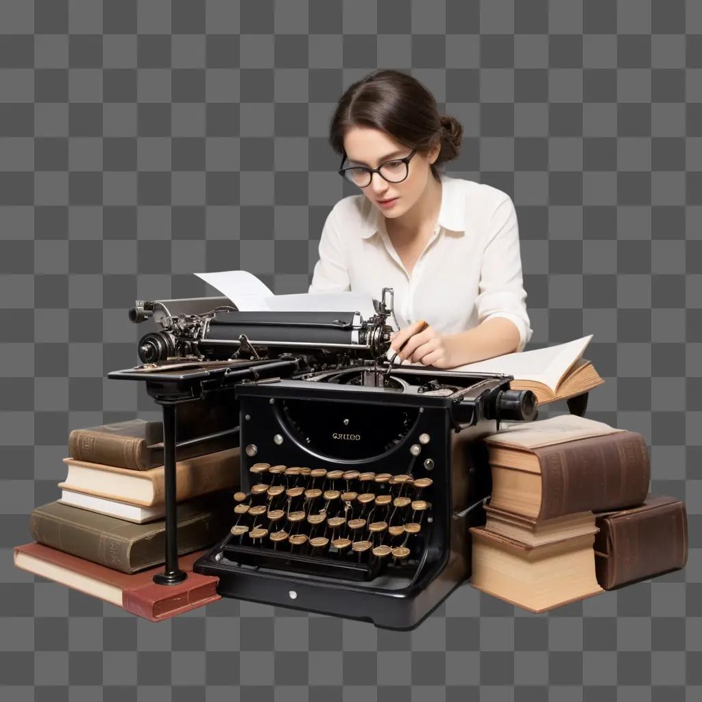 woman typing on a vintage typewriter with books stacked around her