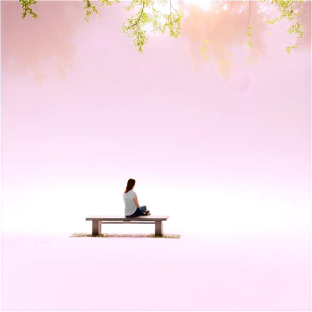 woman waits on a bench under pink sky