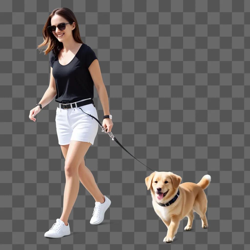 woman walks a dog on a leash