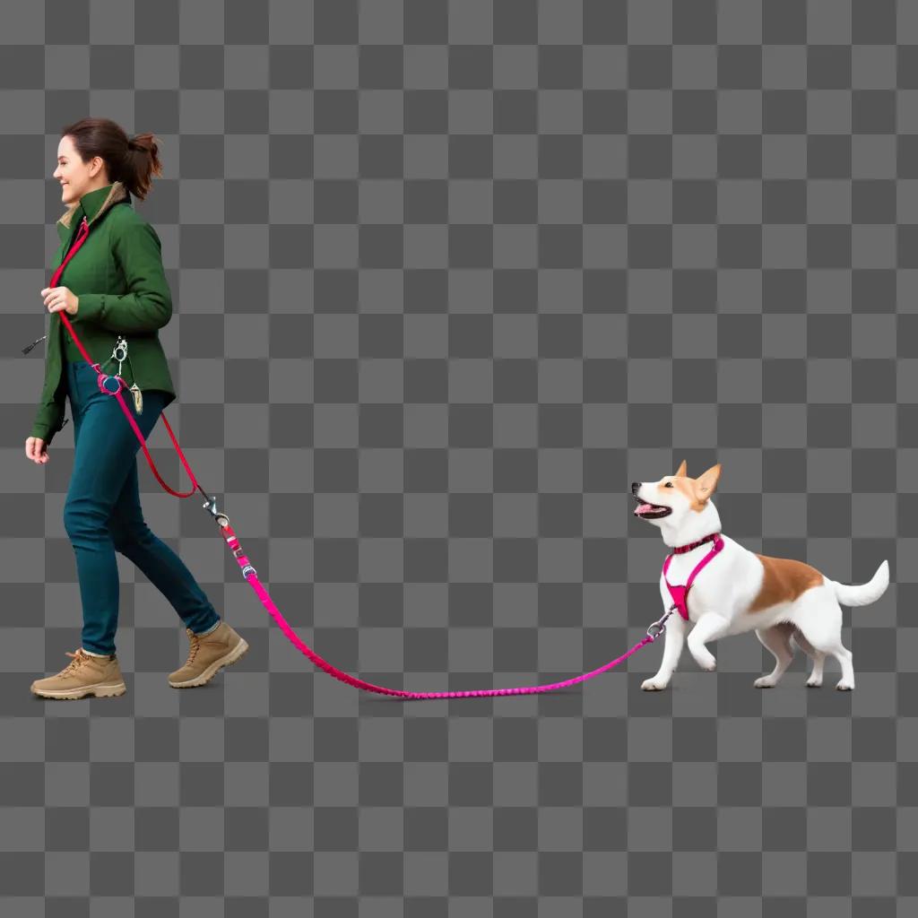 ピンクのひもで犬を散歩させる女性