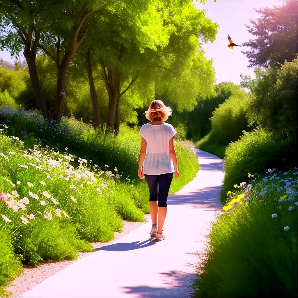 woman walks down a path in a park