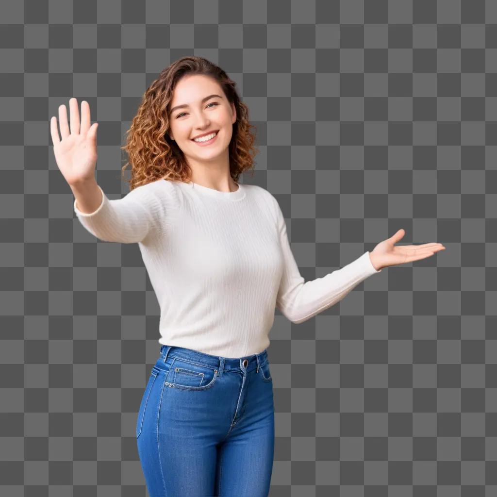 woman waves at the camera