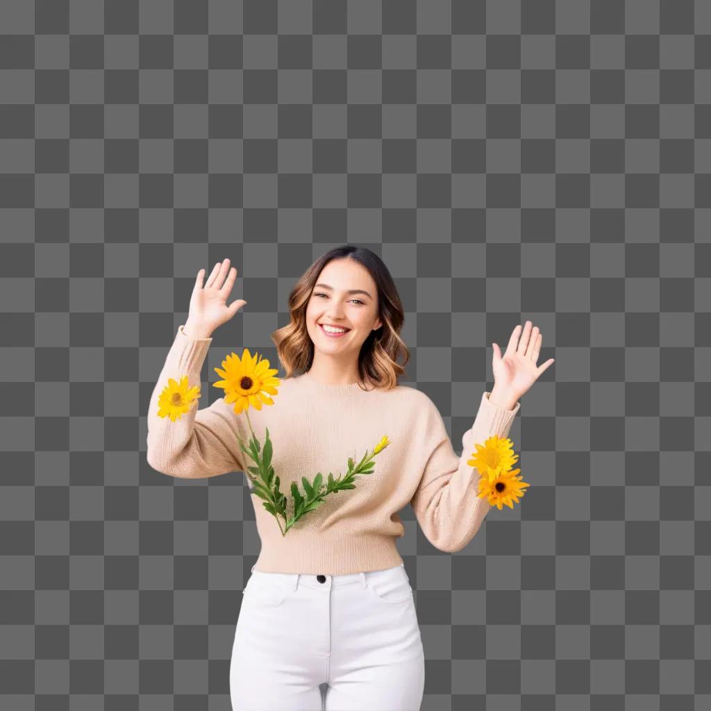 woman waving with yellow flowers in her hands