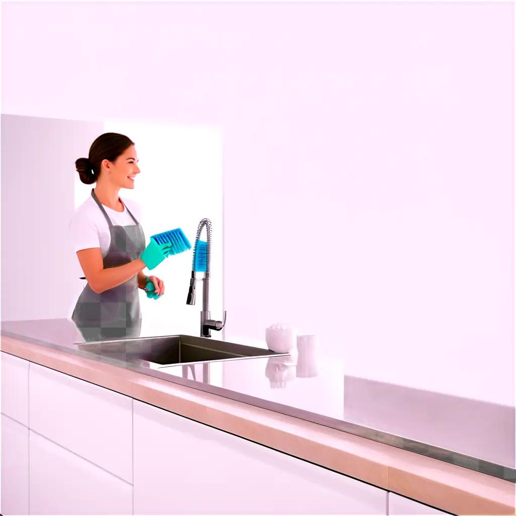 woman wearing a blue apron is cleaning a kitchen sink