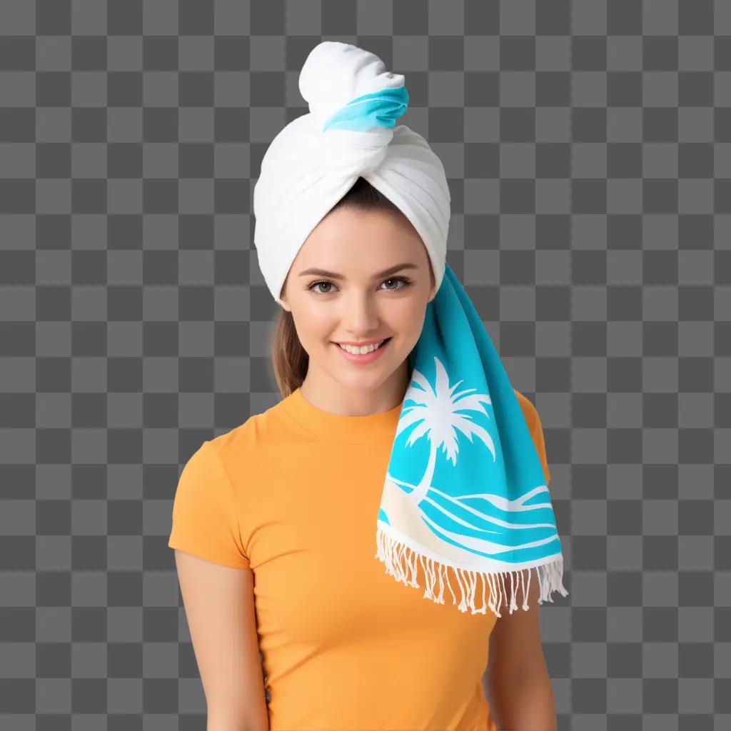 woman wearing a head towel with a palm tree on it