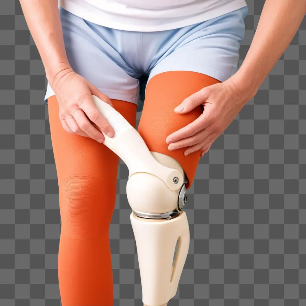 woman wearing a knee replacement is holding a knee replacement device