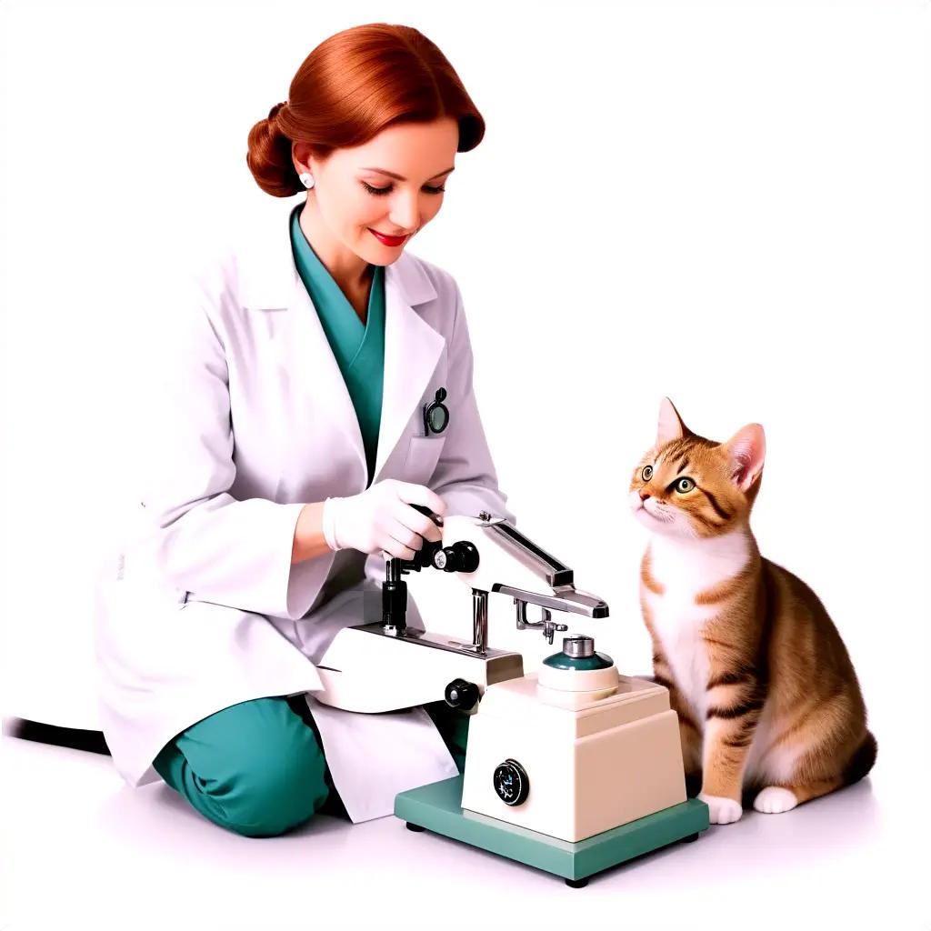 woman wearing a lab coat is observing a cat