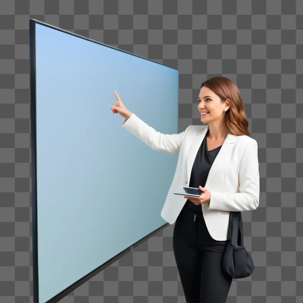 woman wearing a white jacket and holding a tablet in front of a large screen