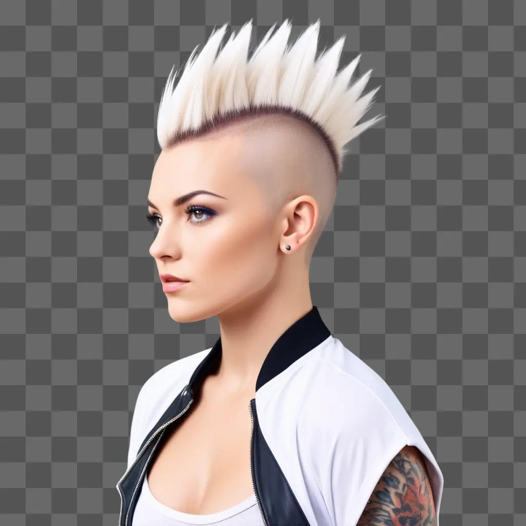 woman with a Mohawk haircut stands in a white room