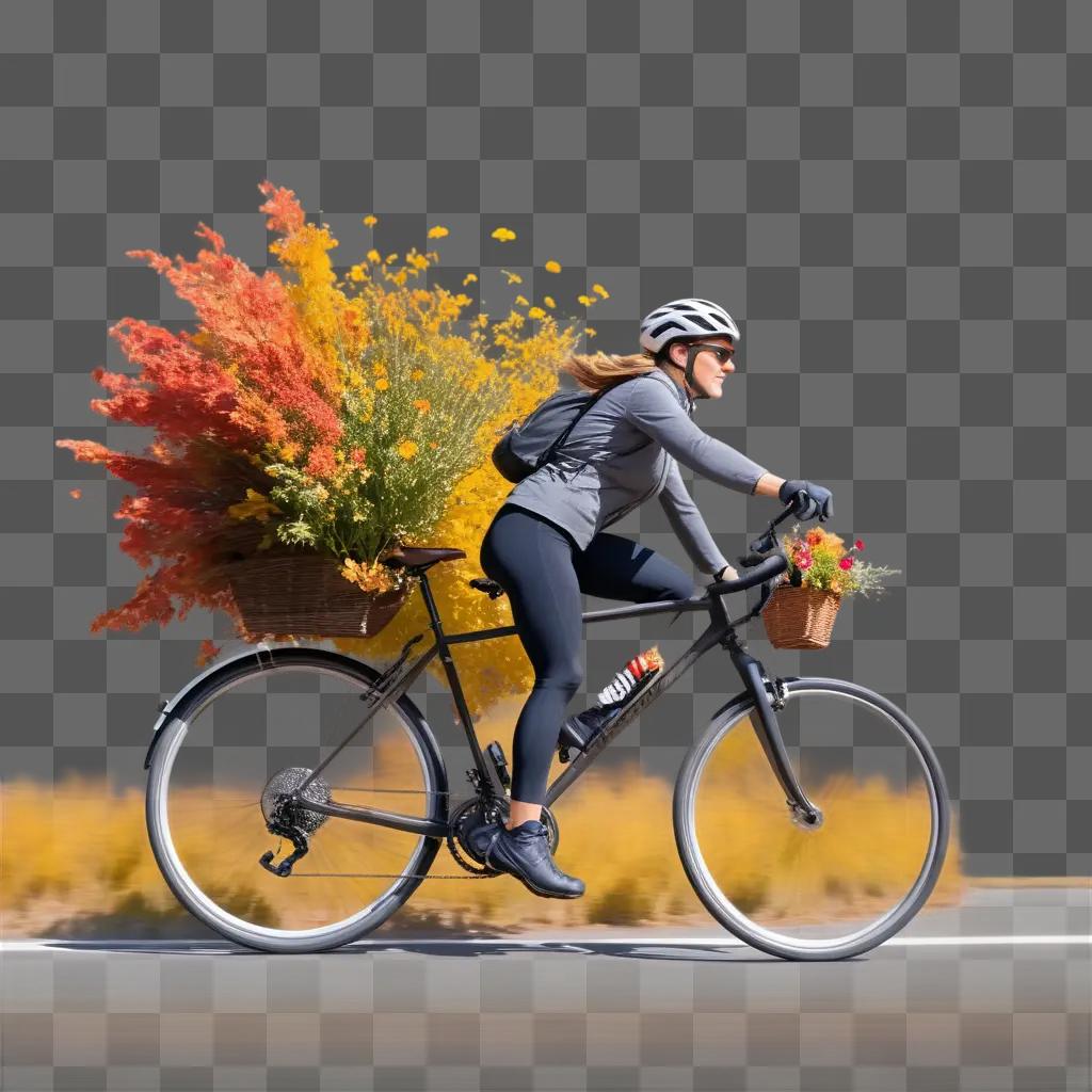 籠を持った女性が自転車に乗って花畑を通り過ぎる