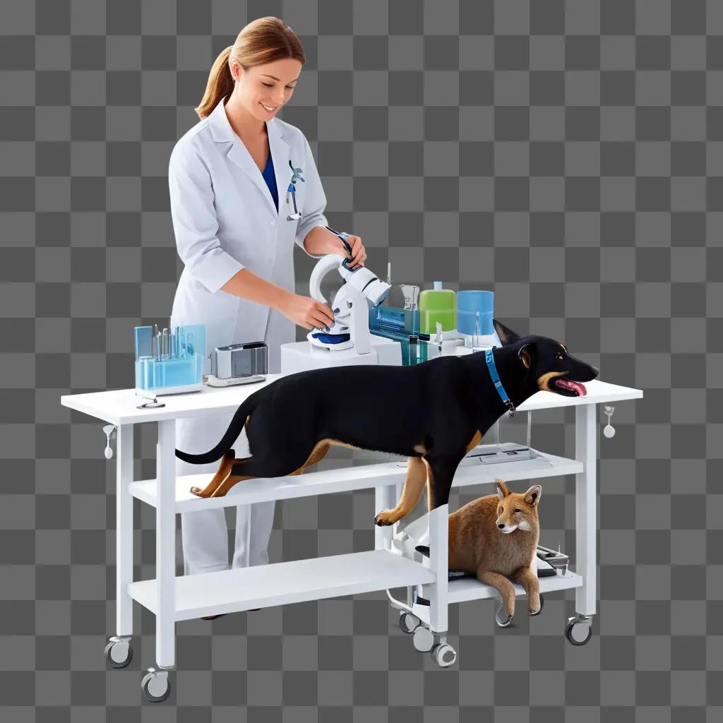 woman with a black dog in a lab