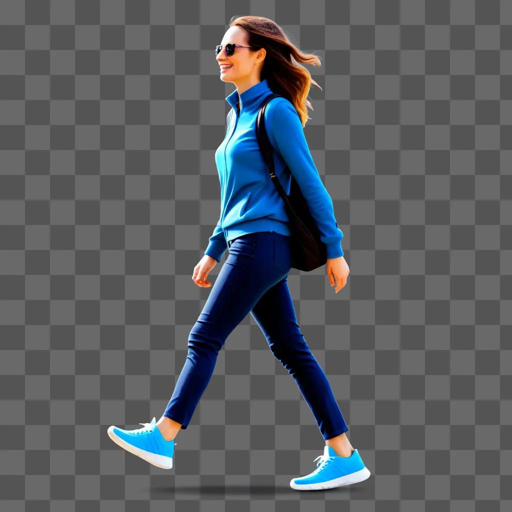 woman with a blue jacket walks past a blue wall