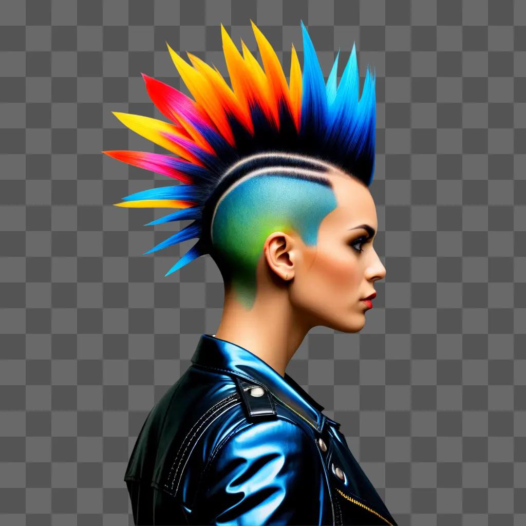 woman with a colorful mohawk stands in the background