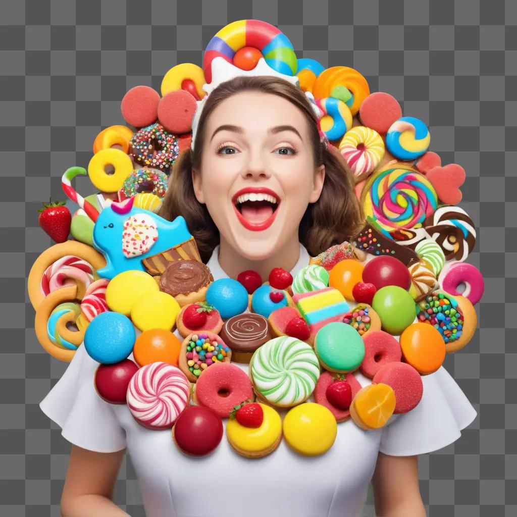 woman with a crown and a big smile surrounded by sweets