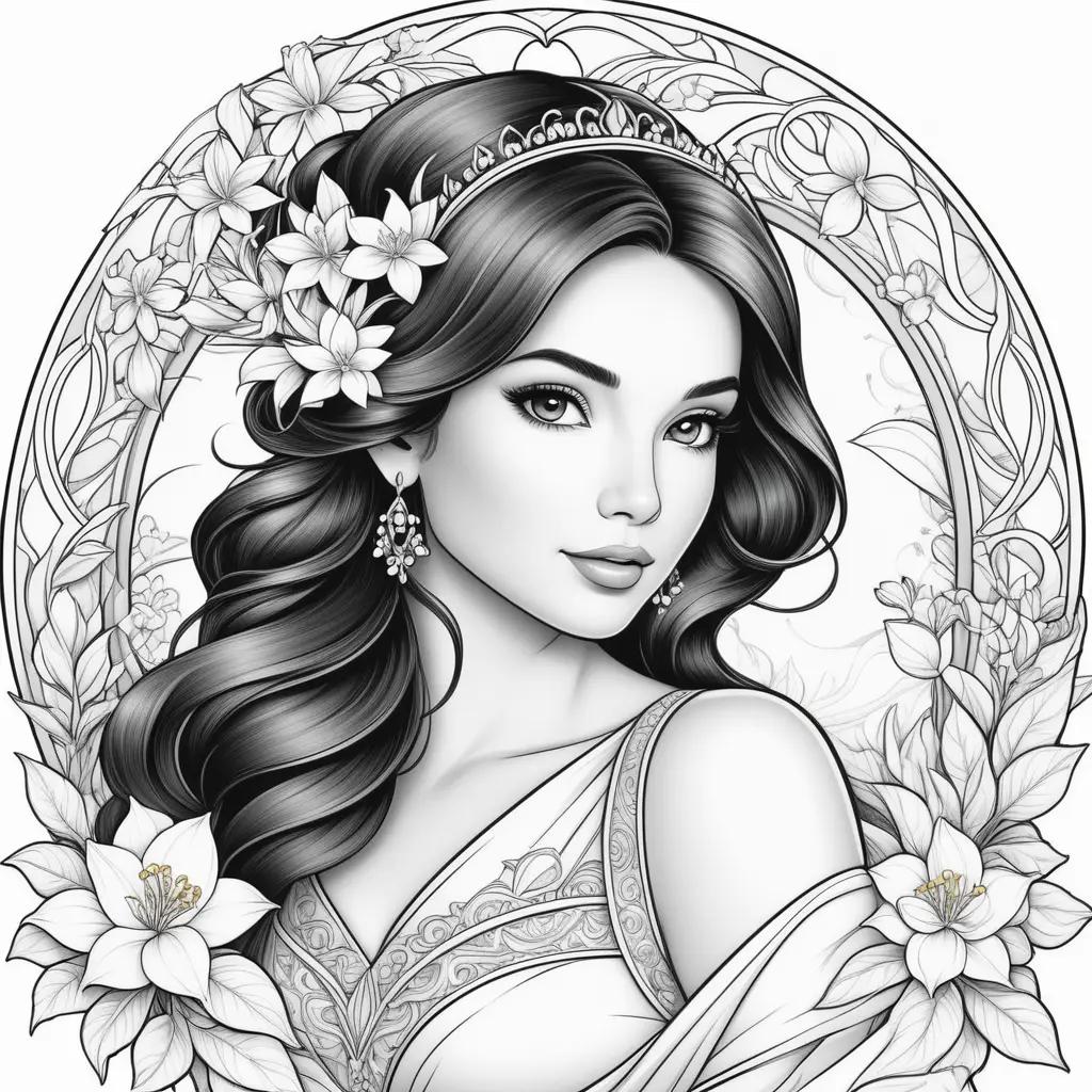 woman with a crown and earrings in a coloring page