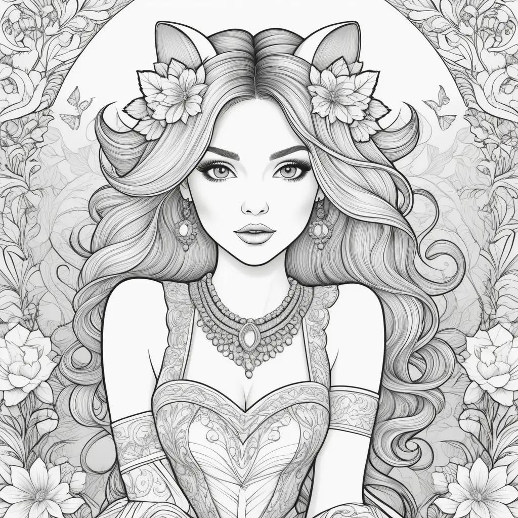 woman with a crown and ears on a coloring page