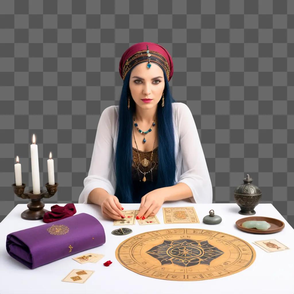 woman with a crown sits at a table with a fortune teller