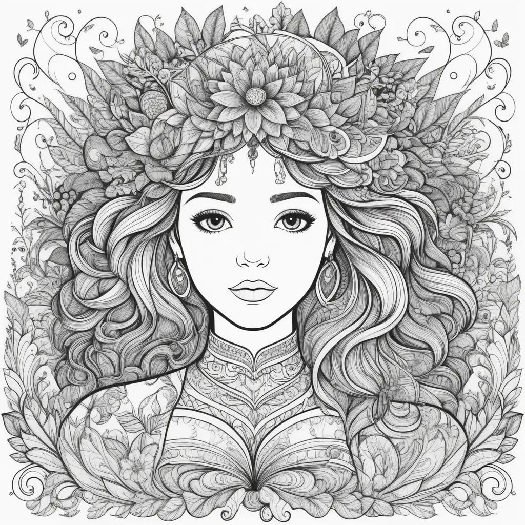 woman with a flower crown and a necklace on her head, coloring page for mental health