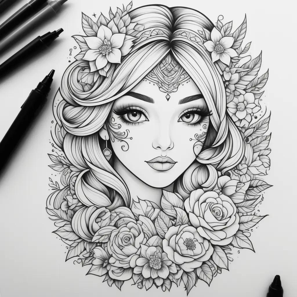 woman with a flower crown is drawn in black and white