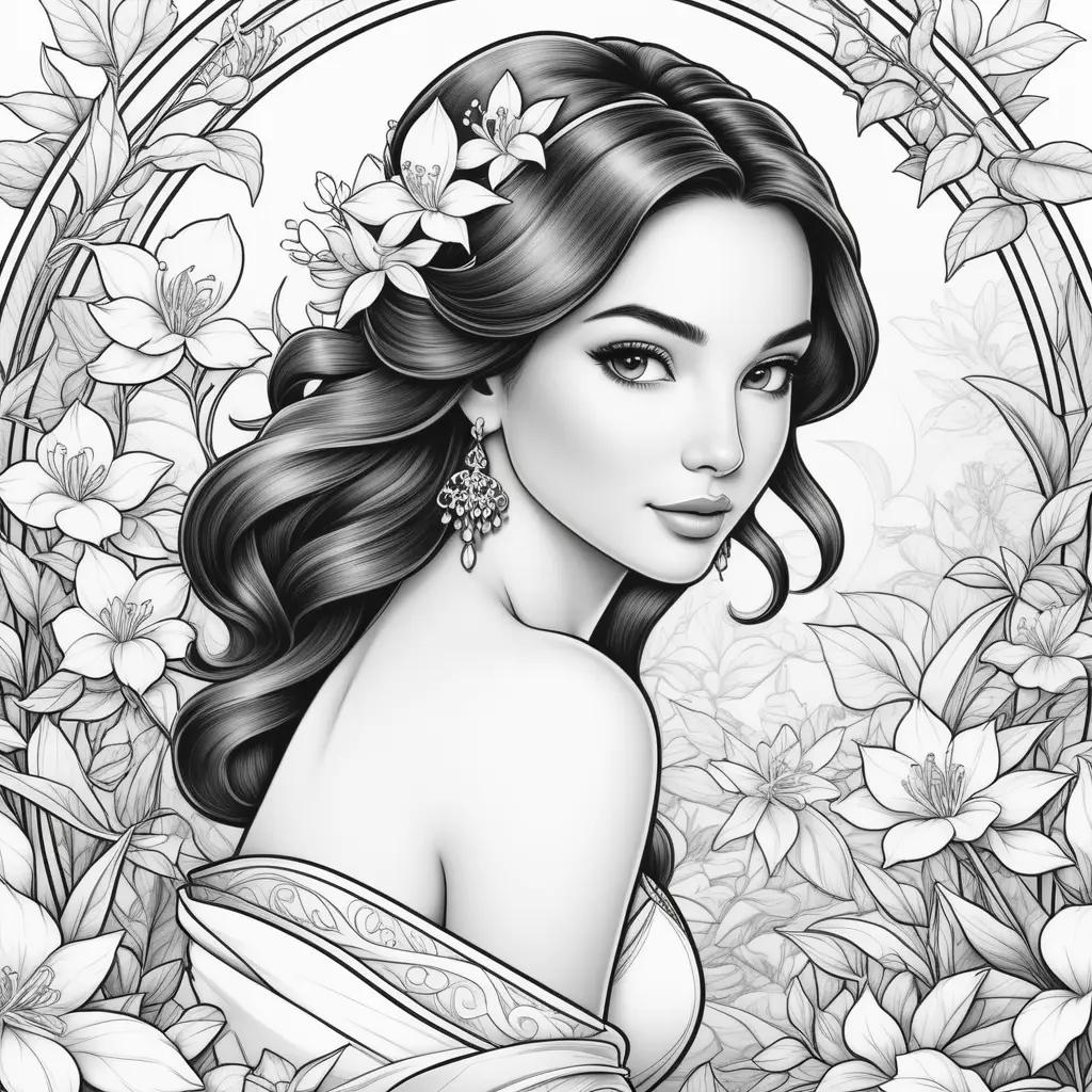 woman with a flower crown on her head, in a coloring page featuring a flower arrangement