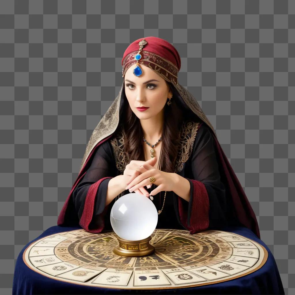 woman with a fortune tellers hat sits at a round table