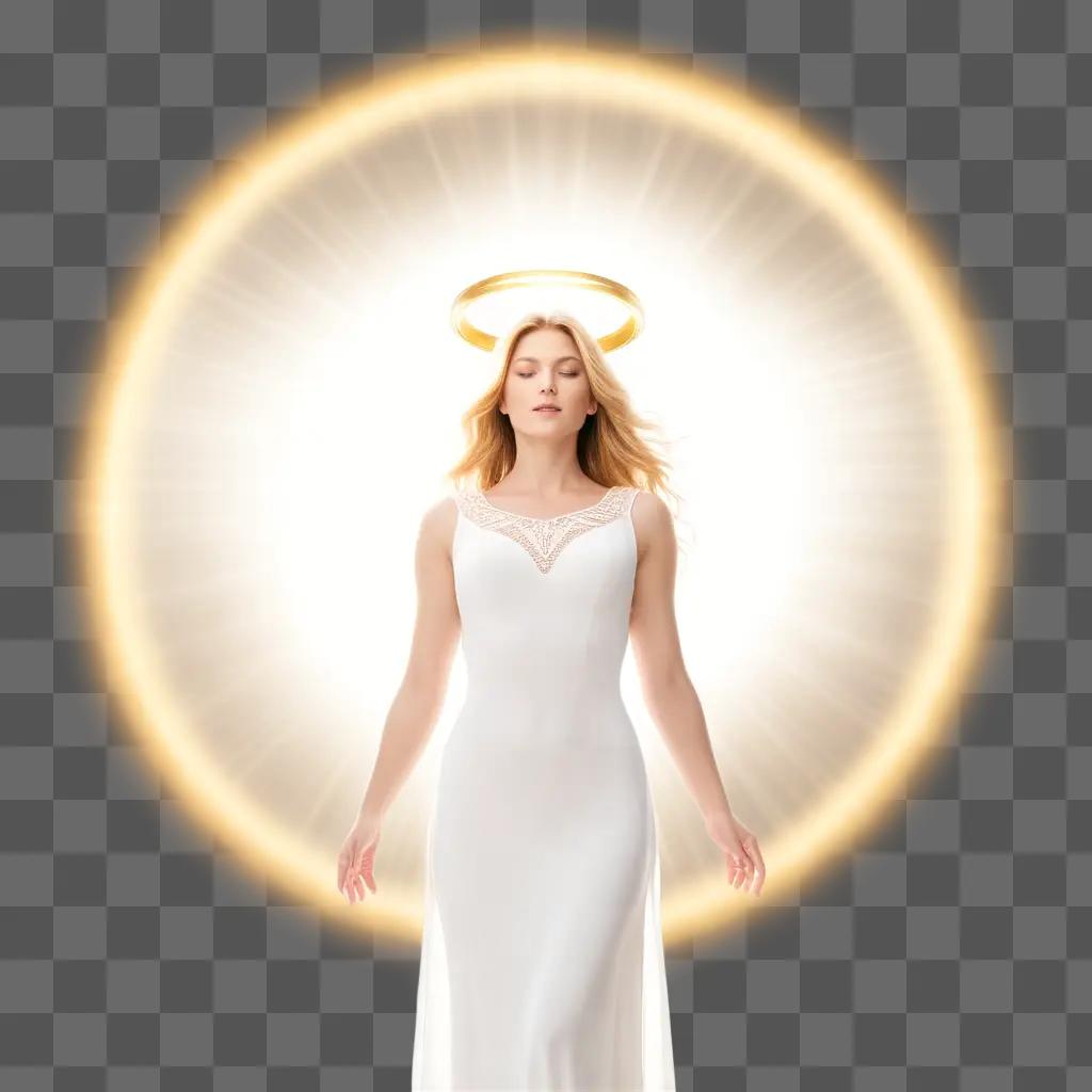 woman with a golden halo in the center of a circle