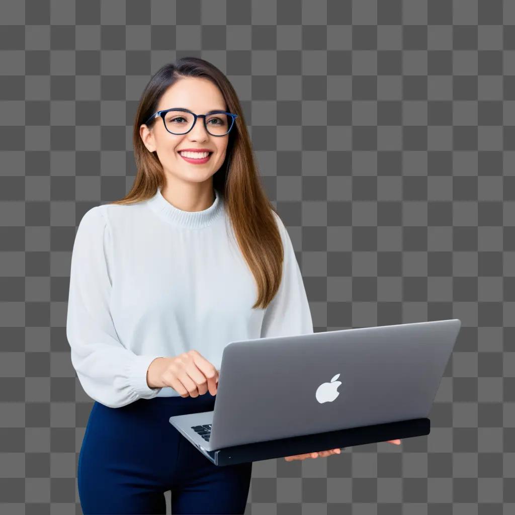 woman with a laptop is posing for the camera