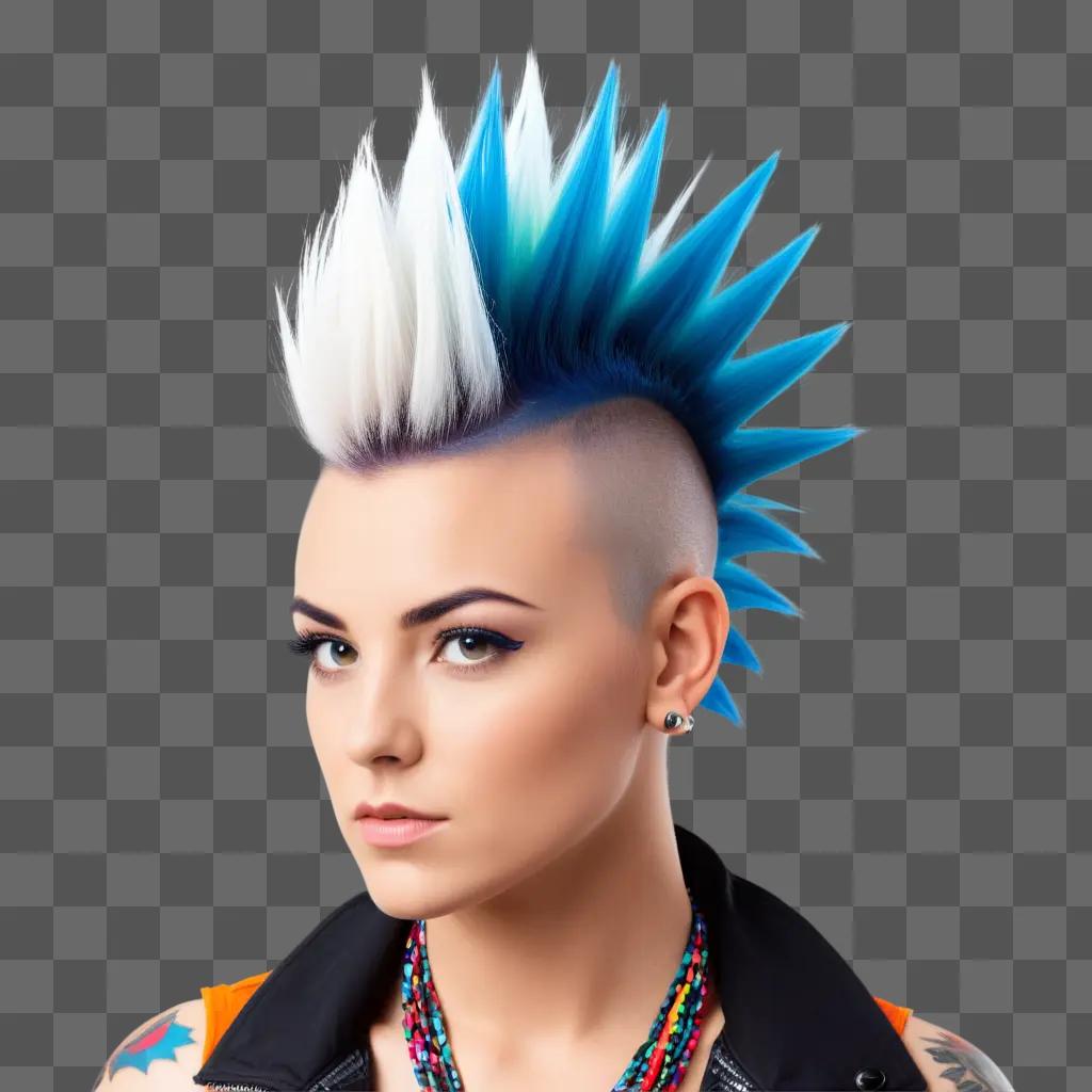 woman with a mohawk has a blue and white mohawk