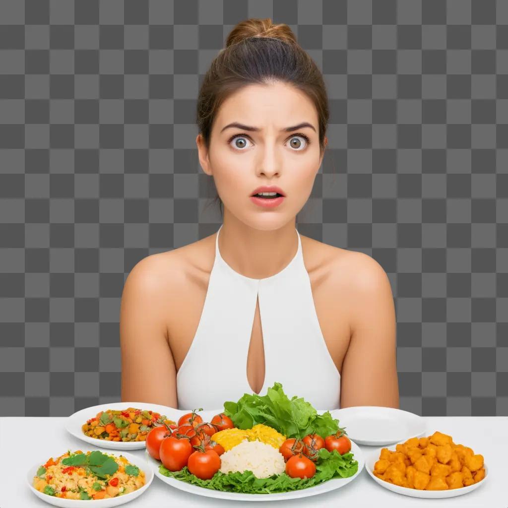 woman with a plate of food and a surprised expression