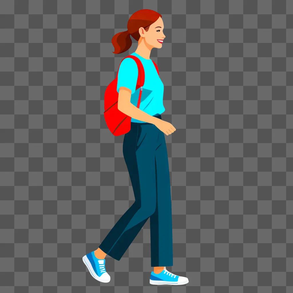 woman with a red backpack walking