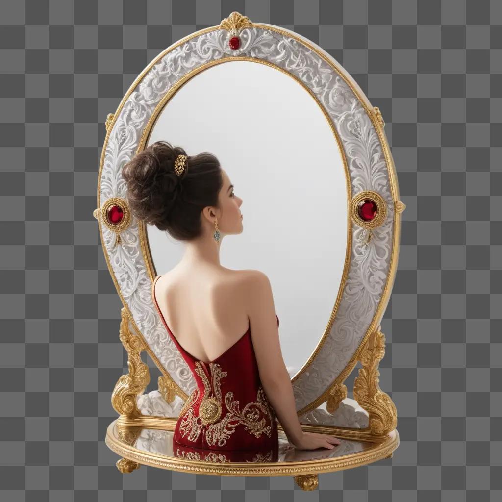 woman with a red dress admires her reflection in a vanity mirror