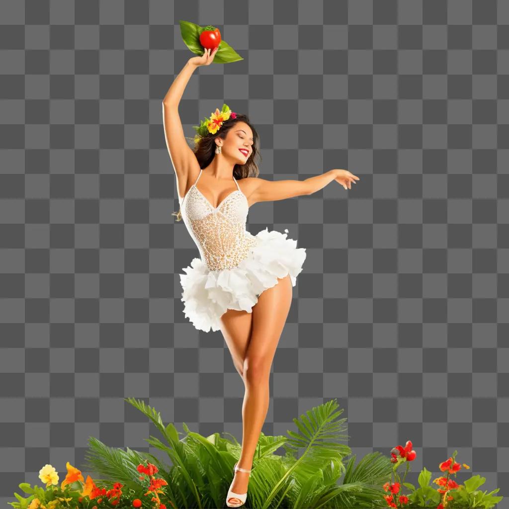 woman with a red flower in her hair dances in a tropical setting