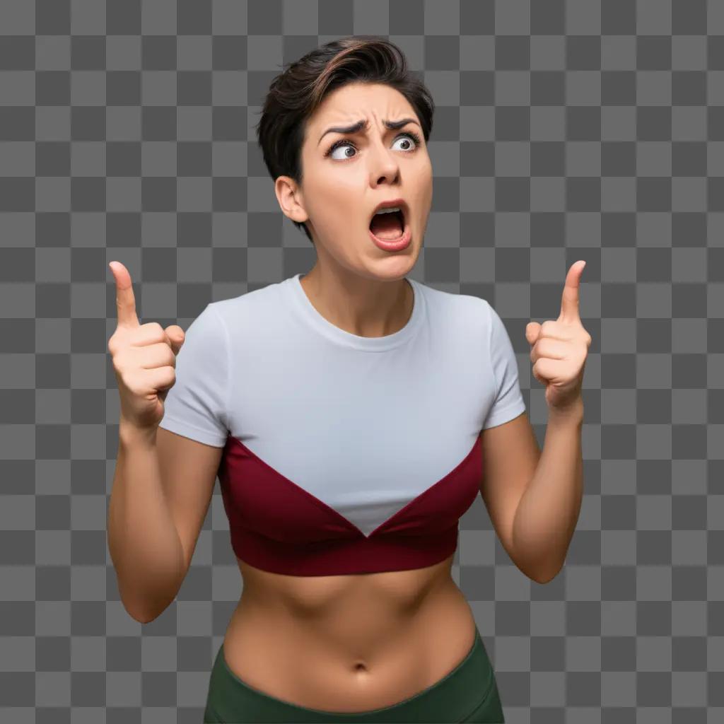 woman with a shocked expression and two fingers raised