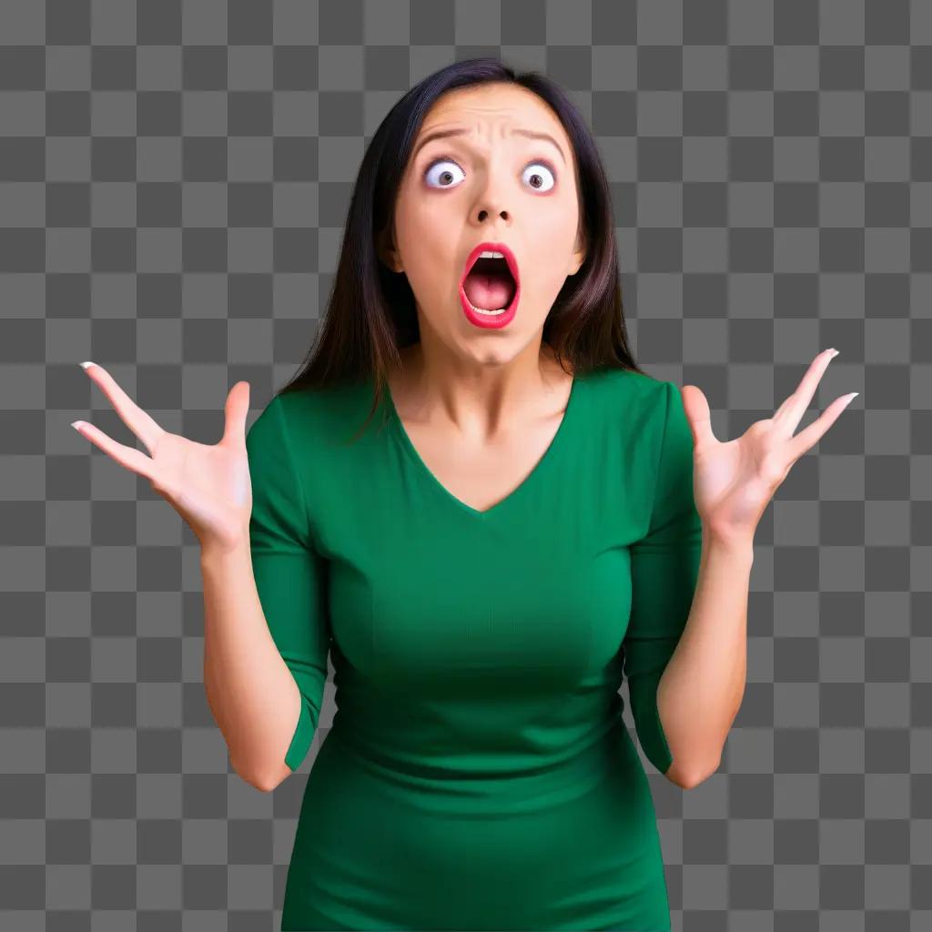 woman with a shocked face in a green dress