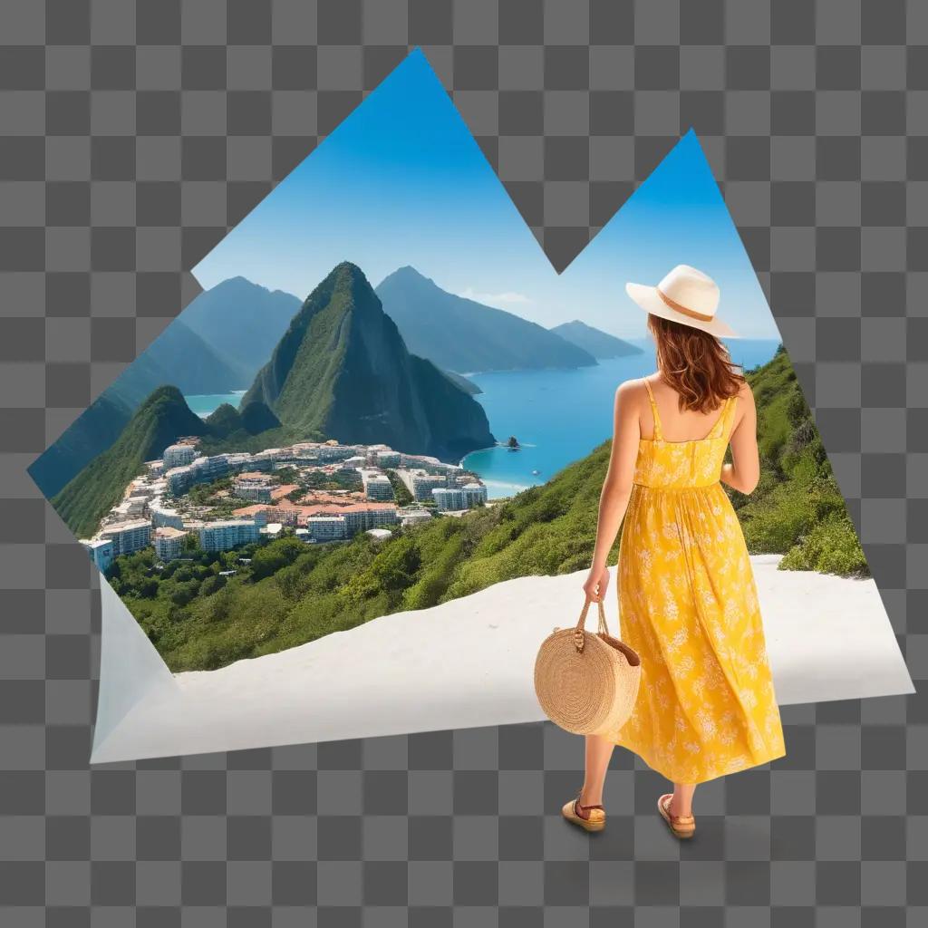 woman with a straw hat looks at a beautiful mountain landscape