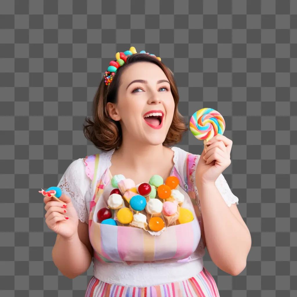 woman with a sweet tooth smiles as she holds a lollipop